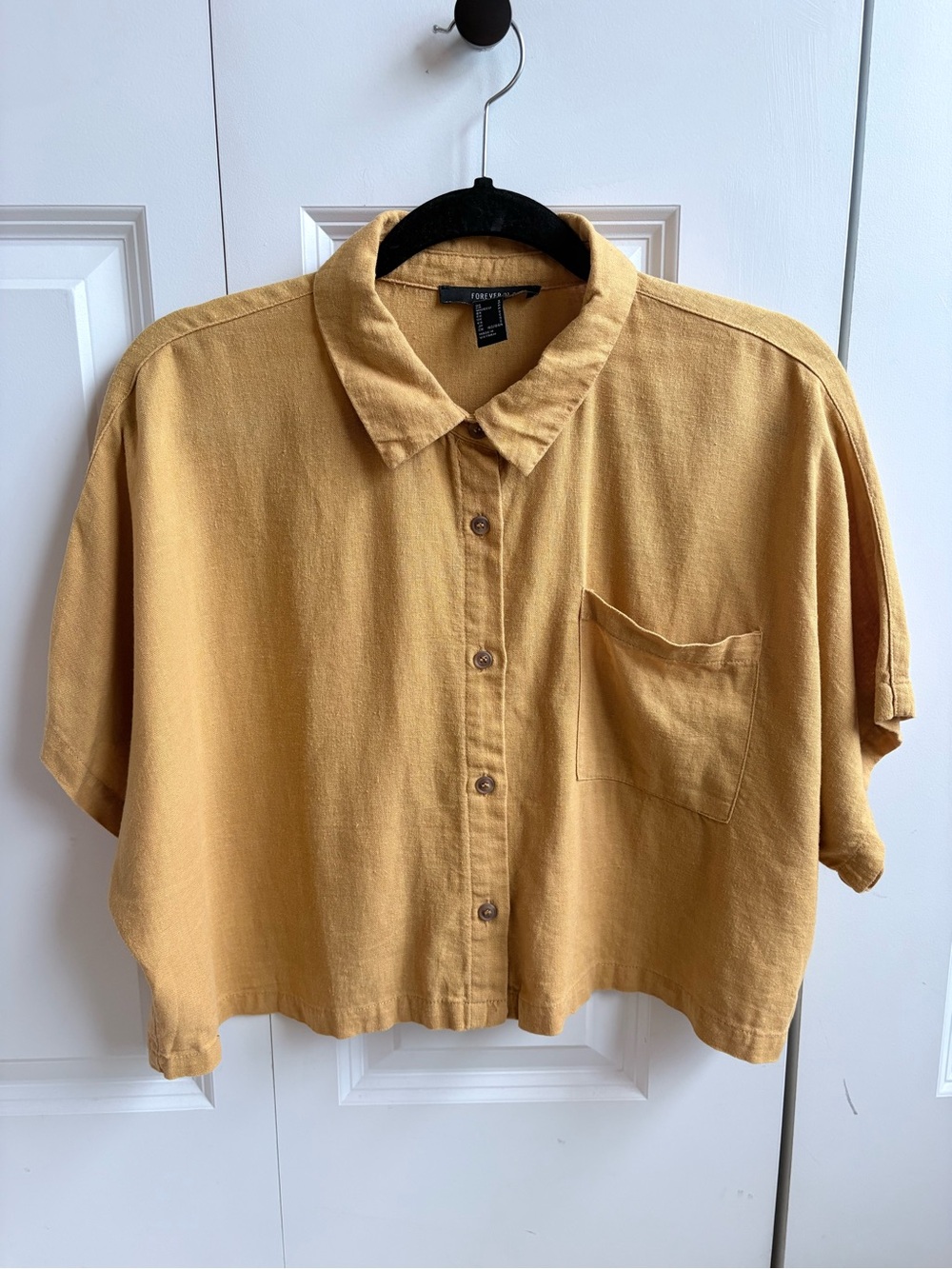 Mustard Short-Sleeve Button Front Cropped Shirt, Women’s S